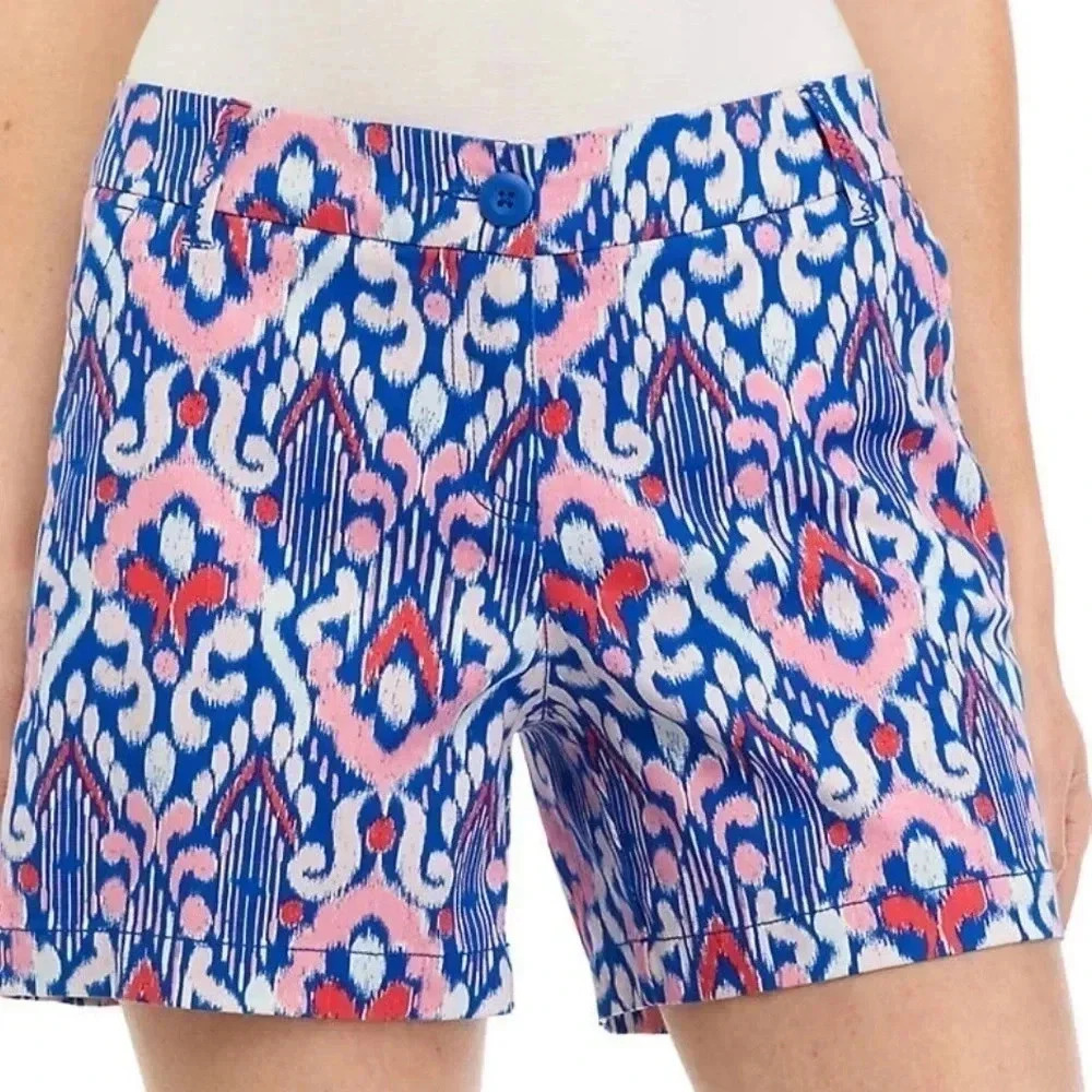 Crown And Ivy Shorts Caroline 5” Chino Blue Magenta Pink Paisley Womens Size 12 - Picture 1 of 8